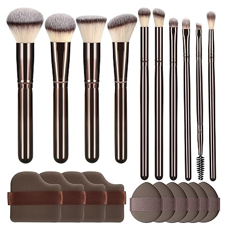 YJ-Anyue 10 Piece Black brown Makeup Brushes and 10 Piece Makeup Sponge – Wooden Handle,with So... | Amazon (US)