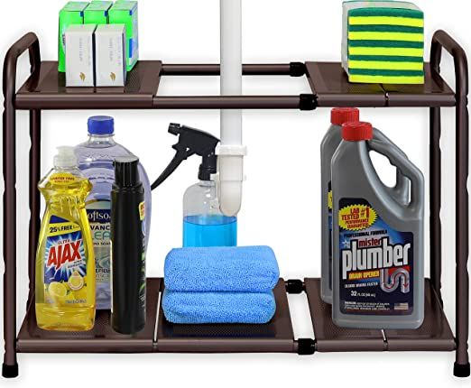 SimpleHouseware Under Sink 2 Tier Expandable Shelf Organizer Rack, Bronze (expand from 15 to 25 i... | Amazon (US)