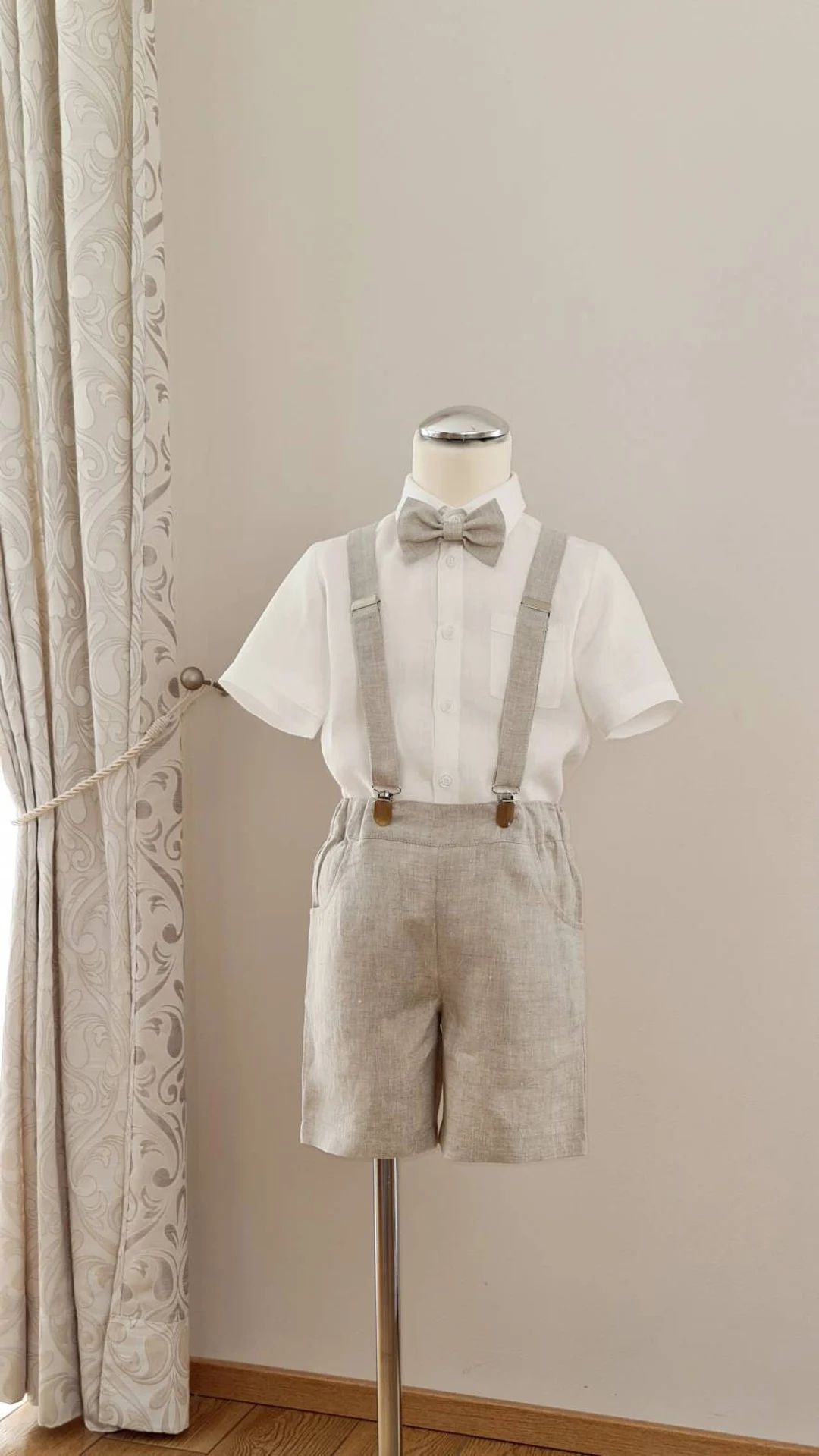 3pcs Toddler Ring Bearer wear/ Boys linen suspender shorts with bow-tie/Boys wedding baptism chri... | Etsy (US)