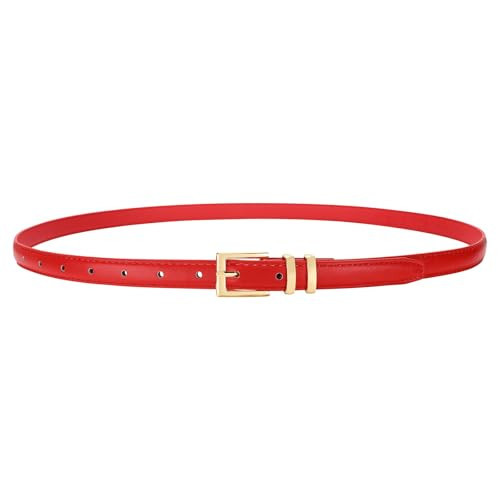 VONMELLI Leather Thin Belt for Women, Red Women's Skinny Belt Ladies Belt for Jeans Dress with Gold Buckle, Red S | Amazon (US)