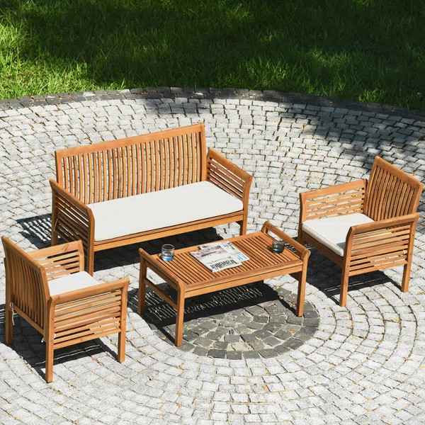 Highland Dunes 4pcs Wooden Patio Conversation Set Outdoor Furniture Set W/ Cushion | Wayfair Professional