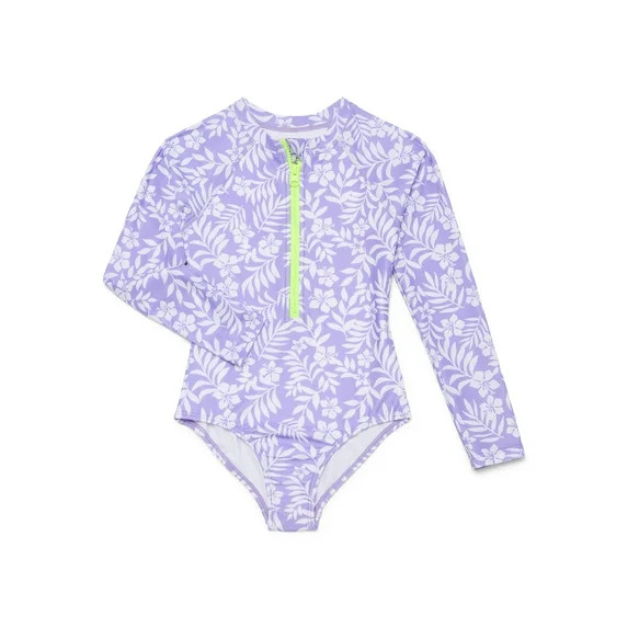 Wonder Nation Girls Zip Up Rash Guard One Piece Swimsuit with Long Sleeves, Sizes 4-16 | Walmart (US)