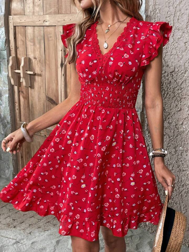 SHEIN Clasi Allover Floral Print Lace Trim Ruffle Hem Dress | SHEIN