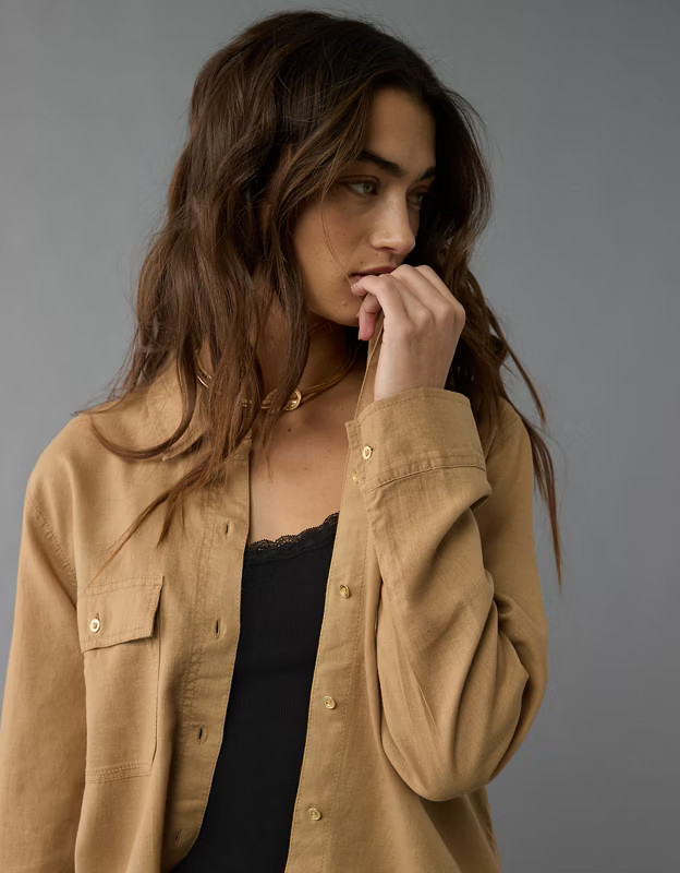 AE Weekend Vibes Linen-Blend Long-Sleeve Button-Up Shirt | American Eagle Outfitters (US & CA)