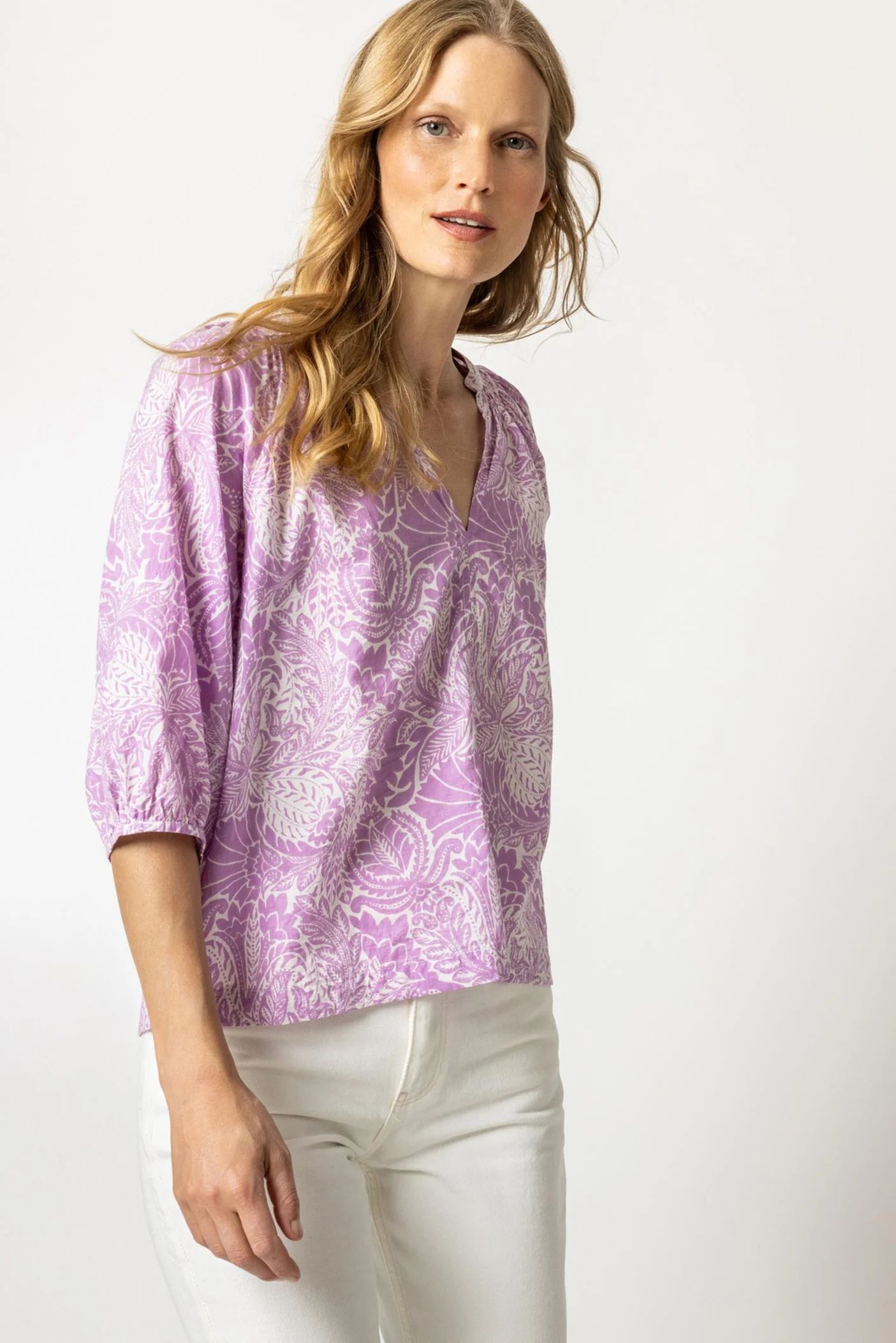 3/4 Sleeve Split Neck Top | Lilla P