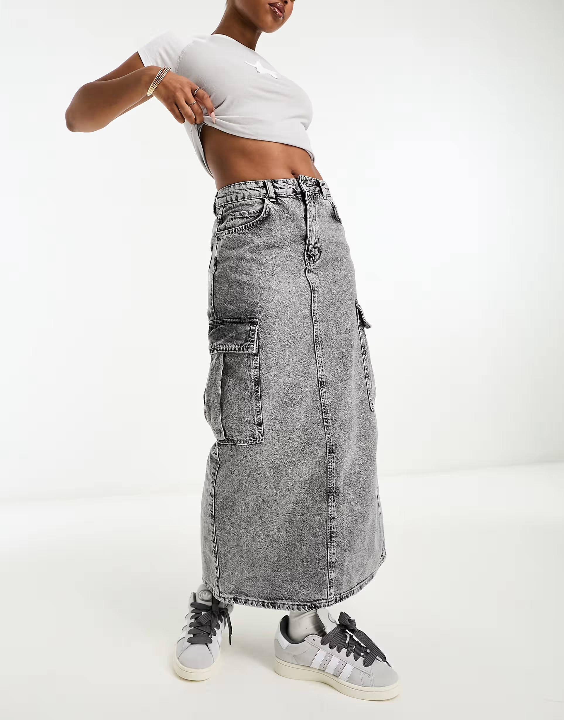Stradivarius STR denim cargo maxi skirt in washed gray | ASOS (Global)