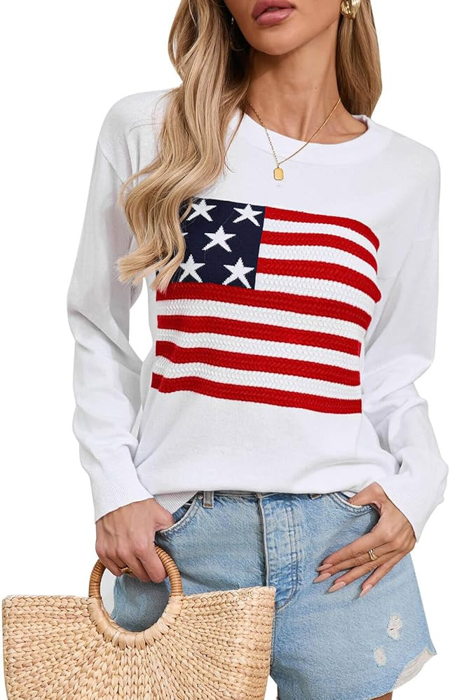 Womens American Flag Sweater, Long Sleeve Crewneck Colorblock Striped Pullover with Drop Shoulder... | Amazon (US)