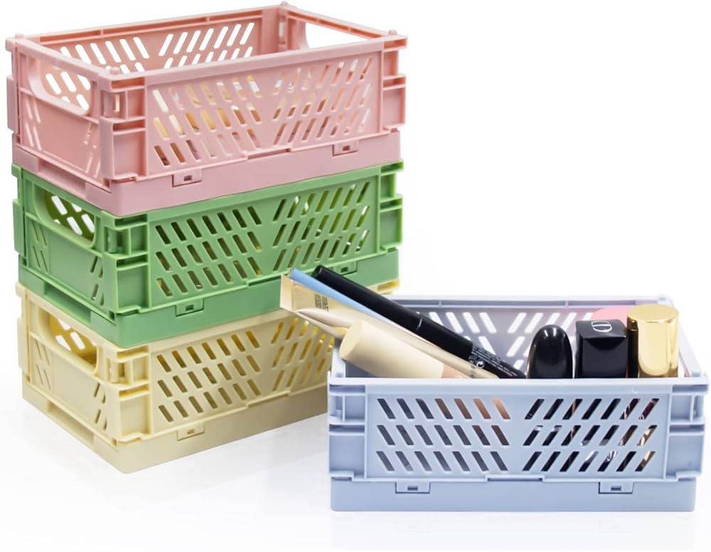 Xhwykzz 4 Pack Mini Pastel Crates for Storage, Small Plastic Baskets, Folding Colorful Crates for... | Amazon (US)