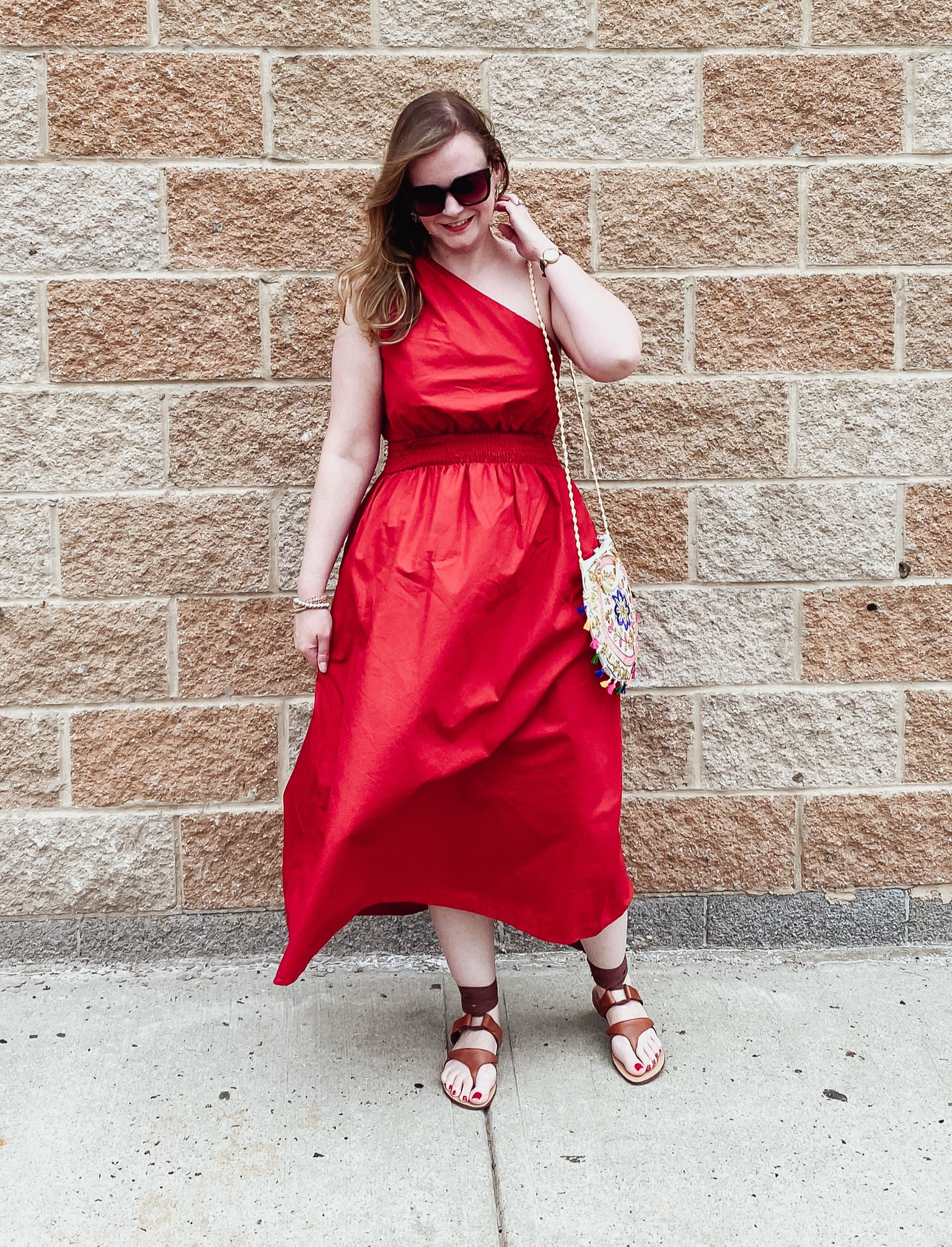One shoulder burnt orange dress 
Brown gladiator tie sandals 

#LTKShoeCrush #LTKStyleTip #LTKSummerEdit