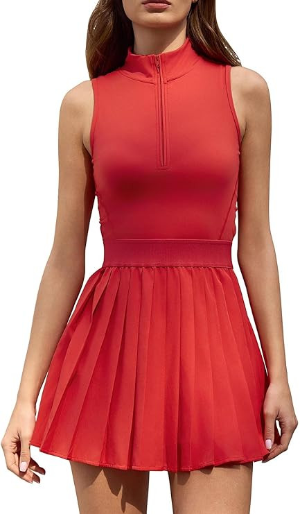 QINSEN Womens Zip Front Tennis Dress High Neck Pleated Sleeveless Two Pieces Golf Athletic Dress ... | Amazon (US)