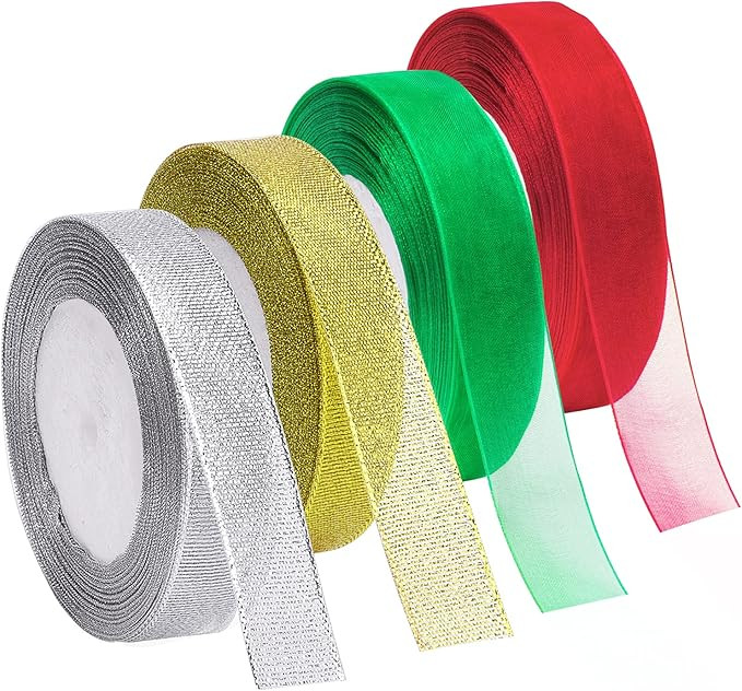 4 Rolls 4/5 Inch in Width Christmas Metallic Glitter Organza Ribbons Golden, Silvery, Red, Green ... | Amazon (US)