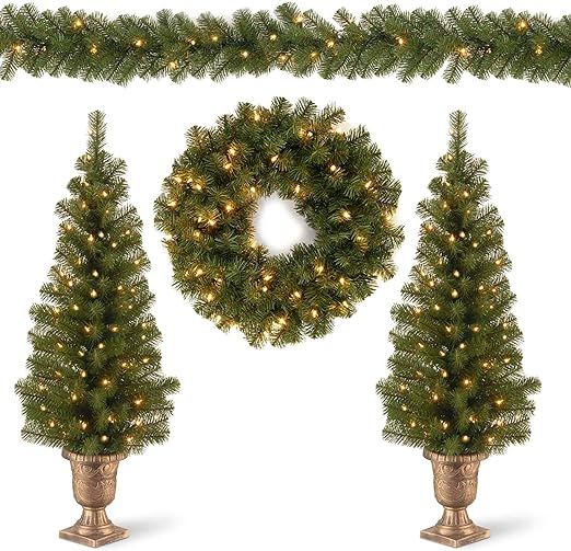 National Tree Company Pre-lit Artificial Christmas 4-Piece Set | Garland, Wreath and Set of 2 Ent... | Amazon (US)