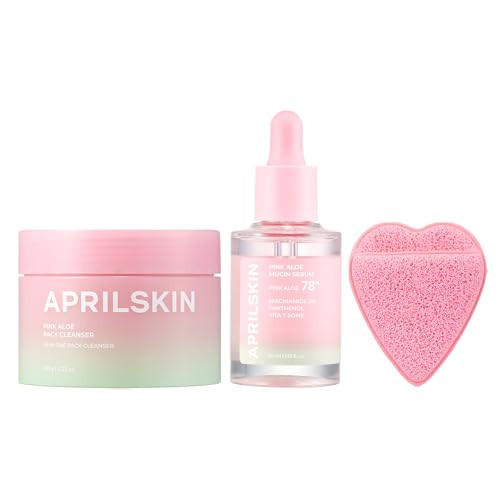 APRILSKIN Pink Aloe Pink Aloe Glass Skincare Duo with Heart Puff: Pink Aloe Facial Polish Cleanser, Pink Aloe Mucin Serum & Heart-Shaped Plush Facial Cleansing Sponge | Amazon (US)