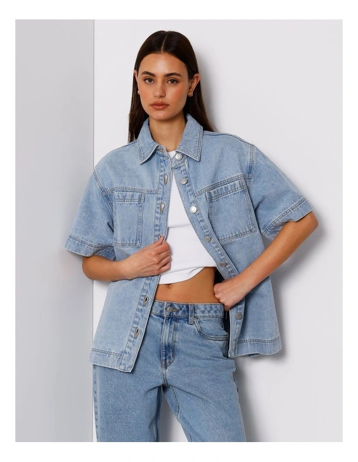 Short Sleeve Oversized Denim Shirt in Breeze Blue | Myer