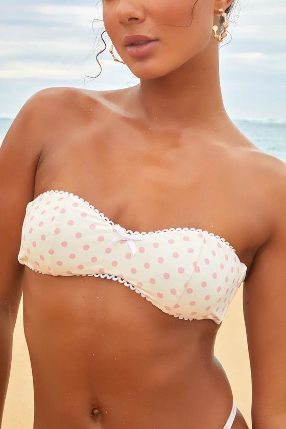 Bridget Ivory and Pink Polka Dot Bandeau Bikini Top | Lulus