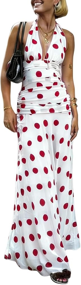 Alyweatry Women Polka Dot Halter Maxi Dress Y2k Sleeveless Deep V Neck Flowy Summer Vacation Beac... | Amazon (US)
