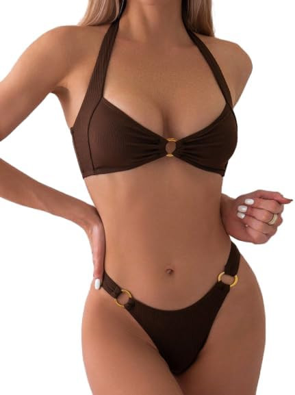SKAYS Women's Sexy Two Piece Bikini Sets Triangle Swimsuits Ribbed Halter Ring Stylish High Cut T... | Amazon (US)