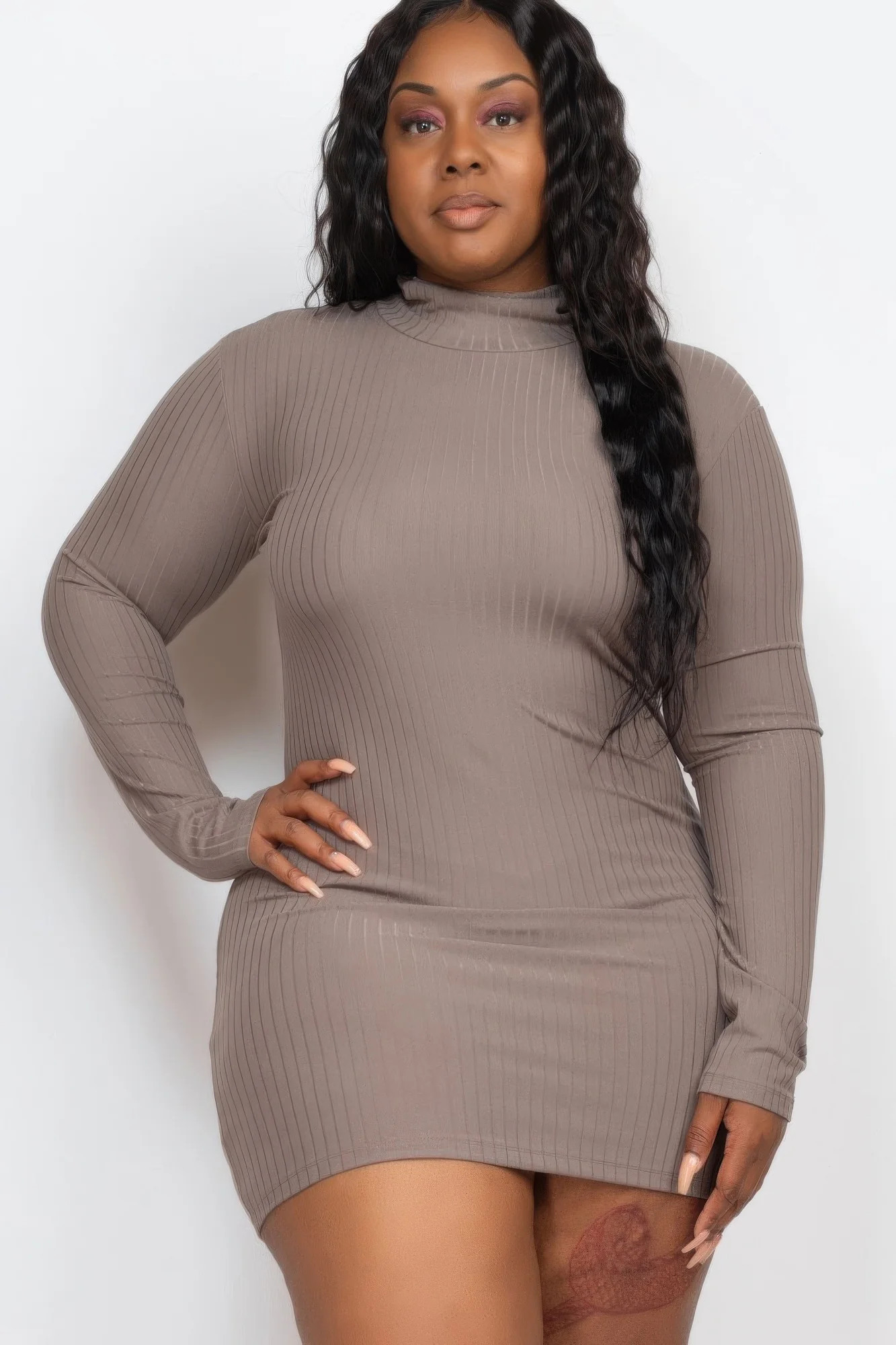 Plus Size Ribbed Long Sleeve Mock Neck Mini Bodycon Dress | Ami Club Wear