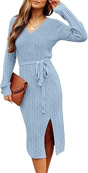 MEROKEETY Women's V Neck Cable Knit Sweater Dress Long Sleeve Bodycon Slit Pullover Midi Dresses ... | Amazon (US)