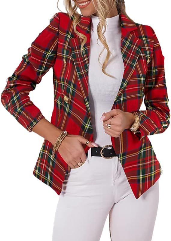 Taodou Womens Casual Plaid Blazer Long Sleeve Double Breasted Jacket Lapel Collar Coat Suit Red a... | Amazon (US)
