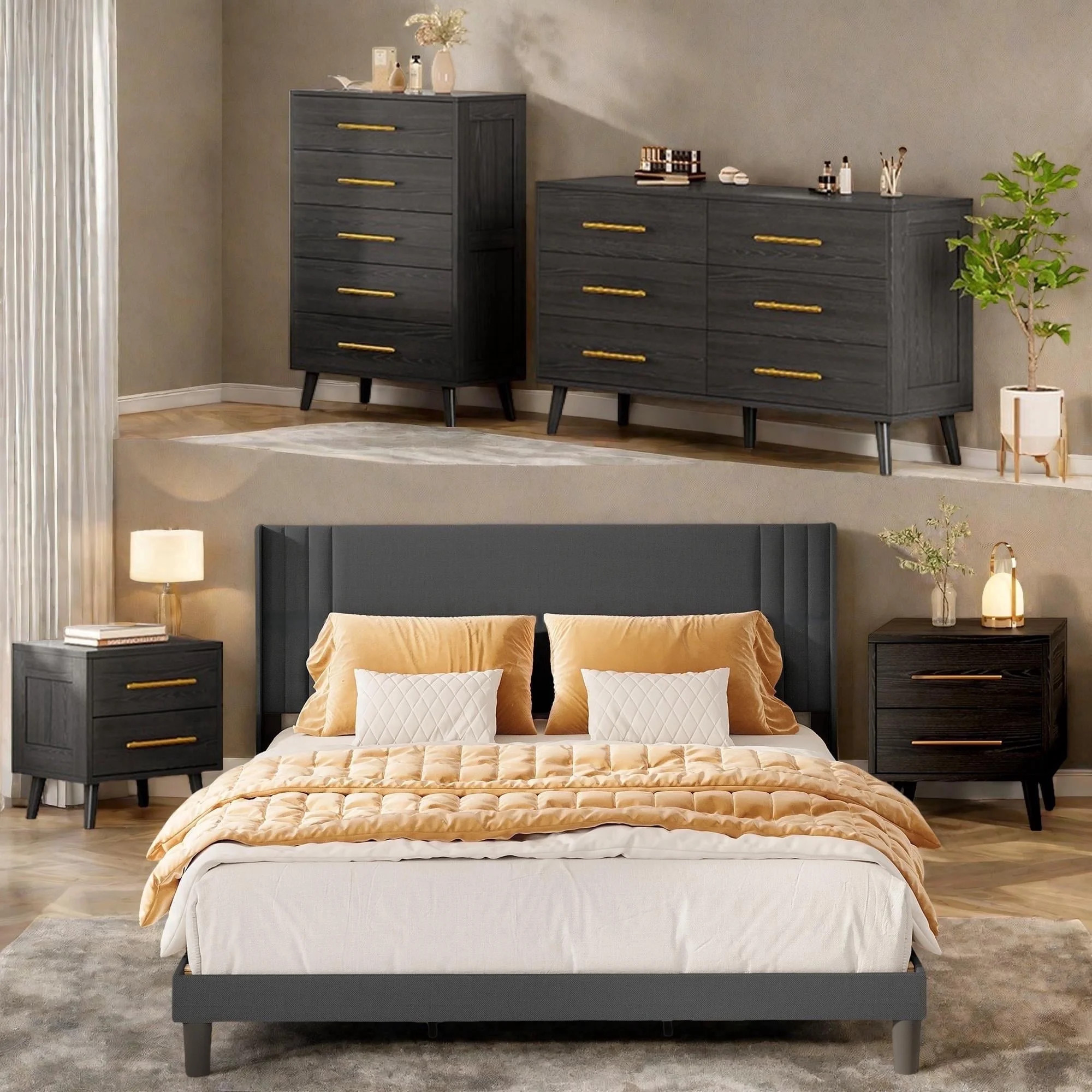 Lofka 5-Piece Bedroom Set, Dark Gray Queen Bed Frame with 2 Black Nightstands & 5/6 Drawer Dresse... | Walmart (US)