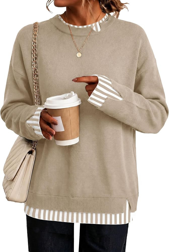 LOMON Womens Sweaters Cozy Long Sleeve Pullover Tops Faux Layered Sweaters | Amazon (US)