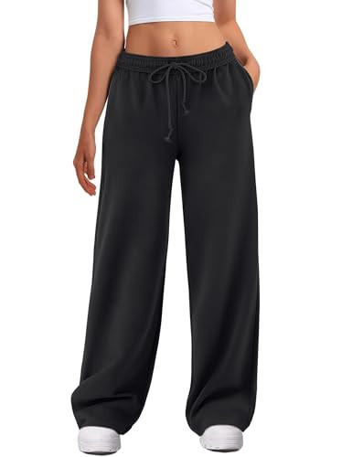 ATHMILE Women's Wide Leg Sweatpants High Waisted Baggy Interior Drawstring Joggers Straight Leg Sweat Pants with Pockets Black | Amazon (US)