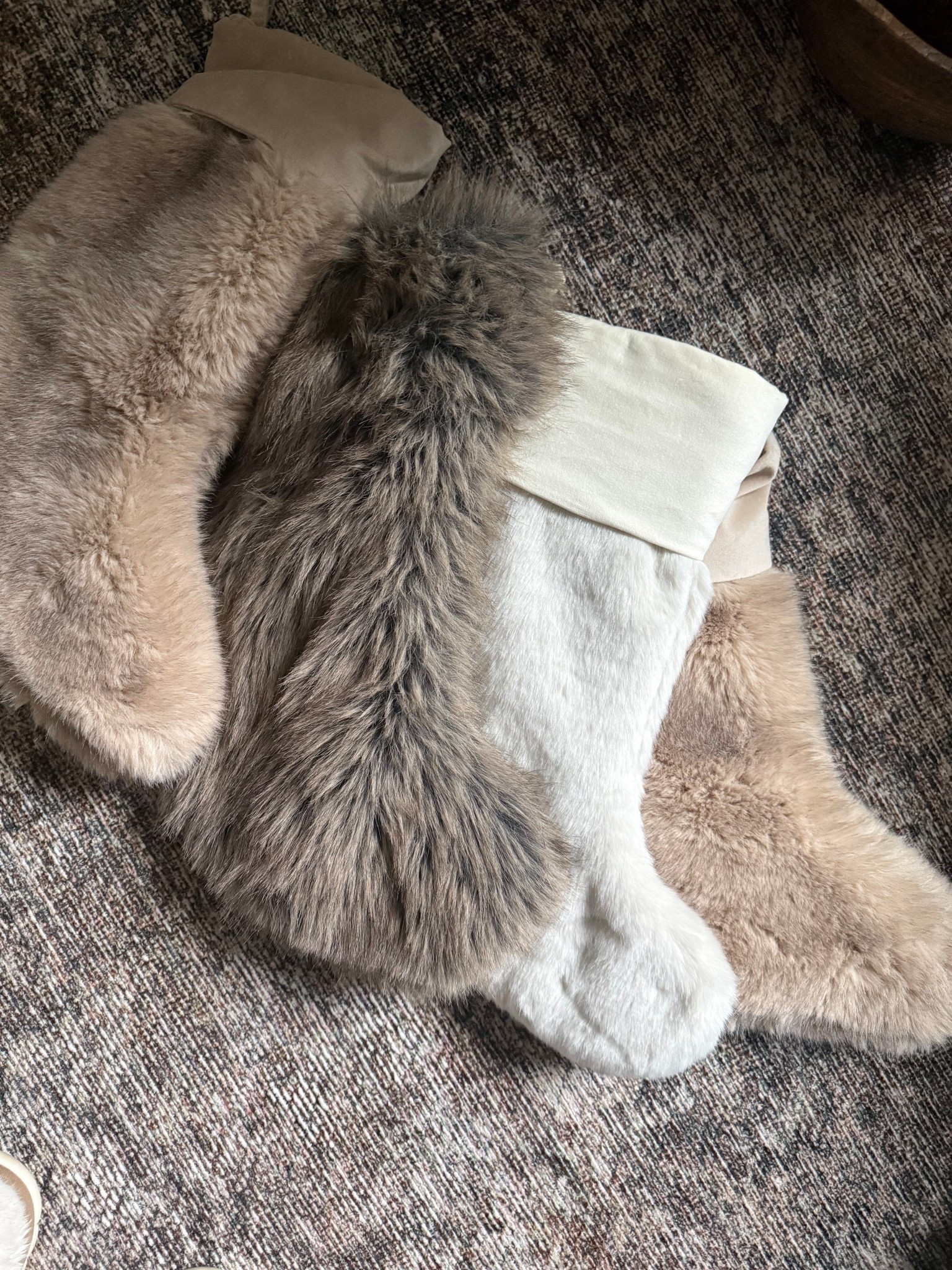 Fur stockings.. large size and so luxe✨
In stock and ready to ship. 
Christmas essentials 