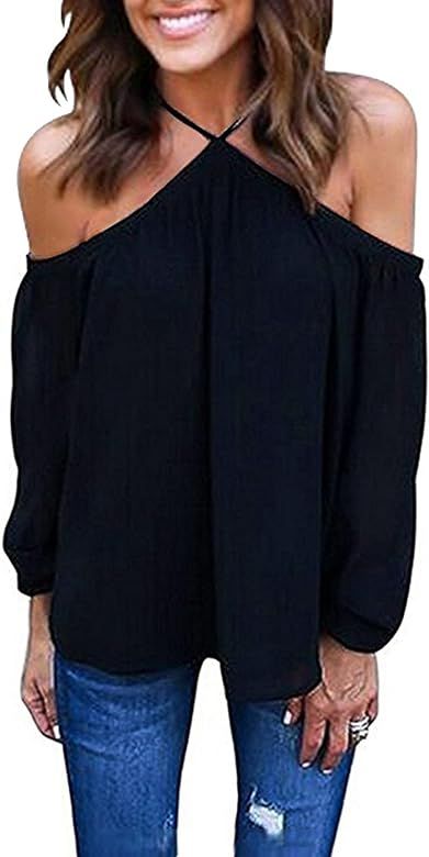 Vemvan Women's Spaghetti Halter Off The Shoulder Blouse Long Sleeve Shirt Tops | Amazon (US)
