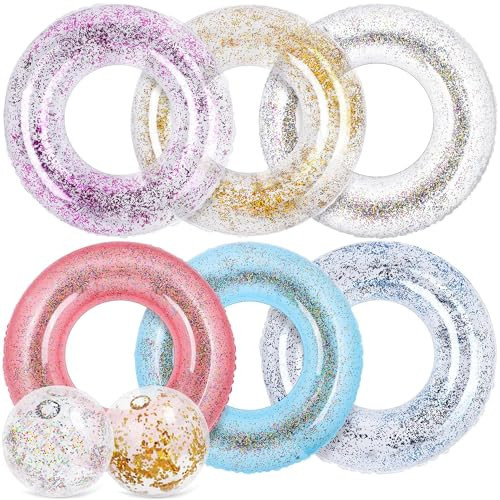 Elcoho 8 Pack Inflatable Glitters Pool Float Beach Balls Set 35 Inch Large Swim Ring Flotation Pool Floats Toy Inflatable Transparent Inner Tube Confetti Beach Balls for Swimming Pool, Beach | Amazon (US)