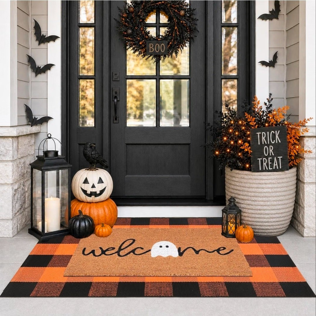 Halloween Decor Doormat Combo Set, Welcome Ghost Welcome Mat +  Orange and Black Plaid Rug, Autumn Halloween Front Porch Entryway Decor Floor Mat, Home, Fall, decor #frontporch #halloween #falldecor #homedecor 

#LTKSeasonal #LTKHome