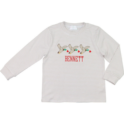 Khaki Stripe Knit Embroidered Mallard And Heart Shirt | Cecil and Lou