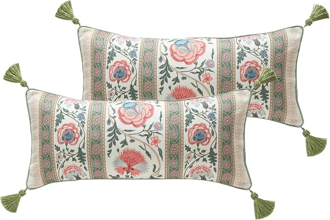 ISAENNE Design Lumbar Retro Elegance Linen Throw Pillow Covers 12"x28" Pack of 2, Green Pink Flor... | Amazon (US)