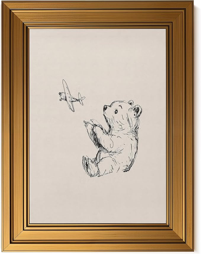 Ptslan Gold Framed Wall Art, Vintage Airplane Nursery Decor, Teddy Bear Canvas Prints for Baby Bo... | Amazon (US)