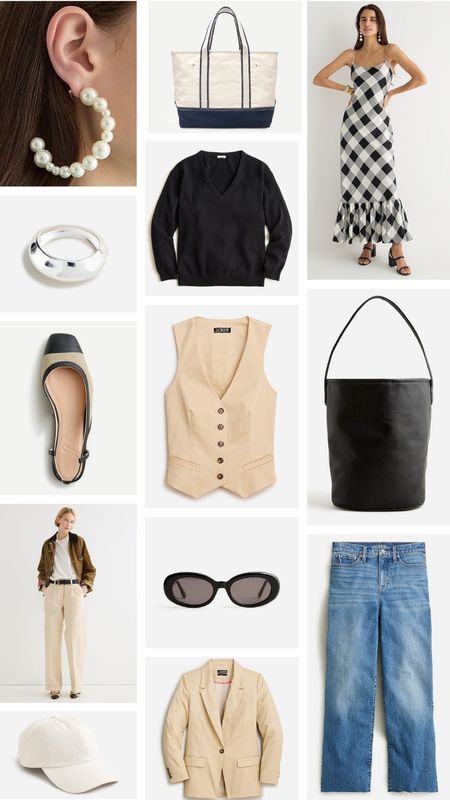 Spring staple pieces - chino suit, waistcoat vest, cashmere vneck sweater, silver cuff bracelet, classic black sunglasses gingham maxi dress, slingback flats, pearl hoop earrings, everyday black bag 

#LTKworkwear #LTKstyletip #LTKitbag