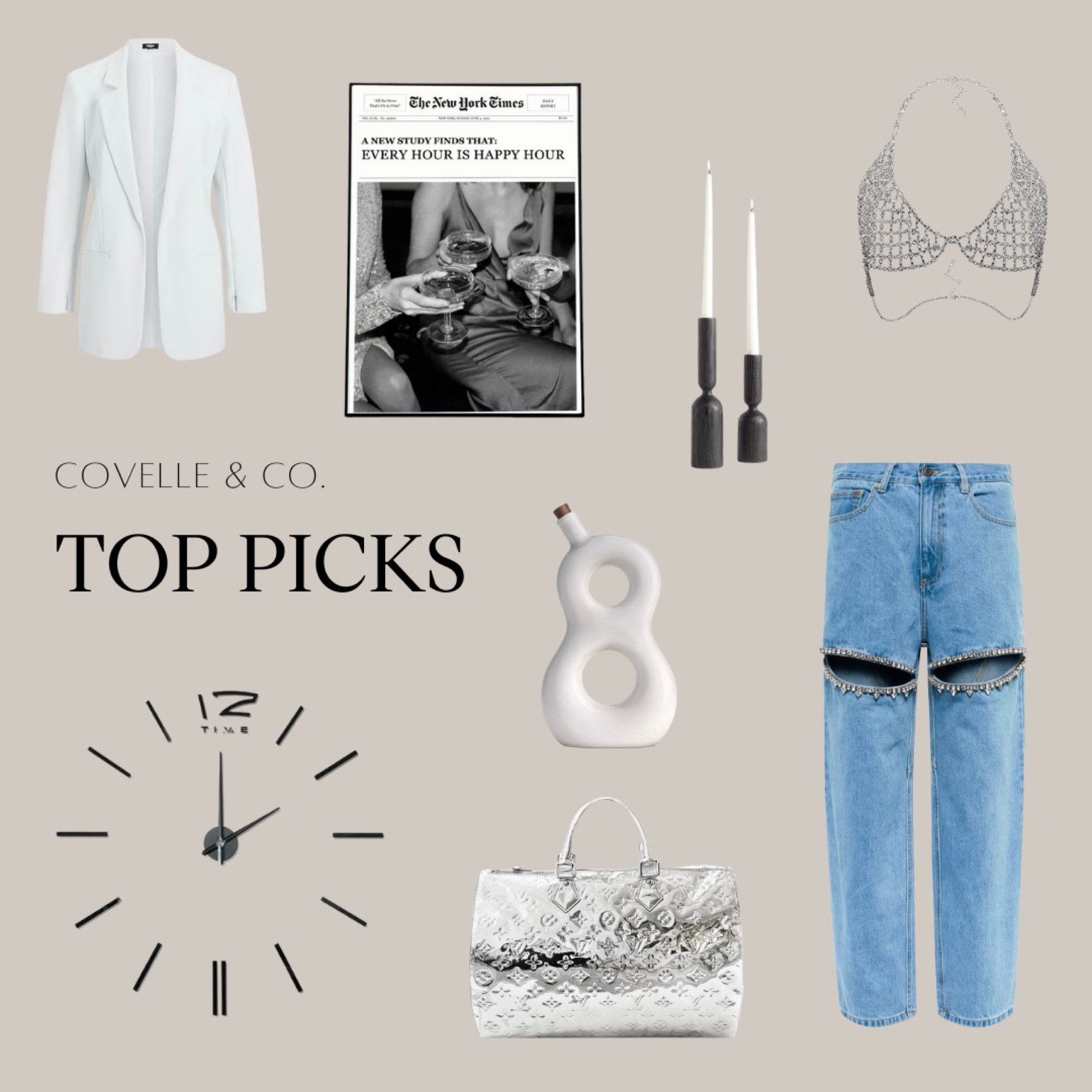 ✨🌃 Covelle and Co. invites you to live your city gal dream with our Top Picks! 

Sparkle and sophistication come together in this month's collection, inspired by a modern and chic idea board 🛍️✨. Elevate your style with the perfect combination of Good American cut jeans, a sleek white blazer, a statement piece top, and complemented by a stunning silver metallic Louis Vuitton handbag. ✨💼Then immerse yourself in contemporary living, as seen through the lens of a New York Times newspaper poster, enchanting tall candles 🕯️, and a sleek, modern clock. 

Covelle and Co. is your destination for fashion inspiration, where elegance meets urban charm 💃🌟. 

#CovelleAndCo #LiveYourCityGalDream #TopPicks #SparkleAndSophistication #ModernChic #StatementPiece #ContemporaryLiving #EleganceMeetsUrbanCharm #FashionGoals #CityStyle #Fashionista #StyleInspo #FashionAddict #FashionableLife #LuxuryLiving #CityVibes

#LTKFind #LTKhome #LTKstyletip
