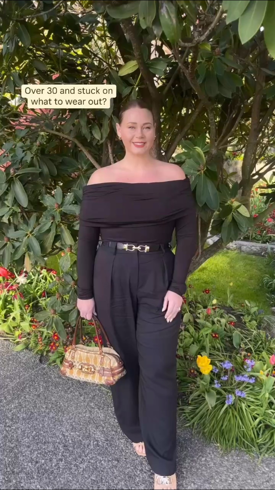 Easy evening outfit idea. 
Dress pants and an off the shoulder shirt in the same color, a fun bag and low neutral heel. Match your handbag metal to your jewelry and you’ve got a cohesive look. 

I’ve linked the exact and some similar pieces from H&M where everything is on sale up to 40% off!

#LTKsale #LTKcanada #LTKcurves