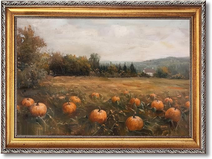 Vintage Autumn Pumpkin Poster Landscape Framed Wall Art Rustic Golden Pumpkins Field Oil Painting... | Amazon (US)