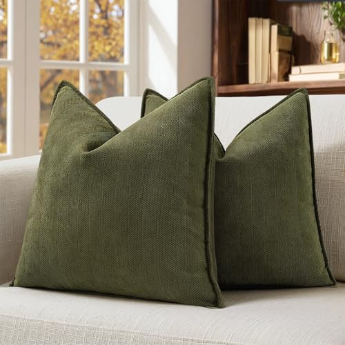 MIULEE Pack of 2 Olive Green Decorative Pillow Covers 18x18 Inch Soft Chenille Luxurious Couch Throw Pillows Farmhouse Cushion Covers with Elegant Design for Sofa Bedroom Living Room Home Decor | Amazon (US)
