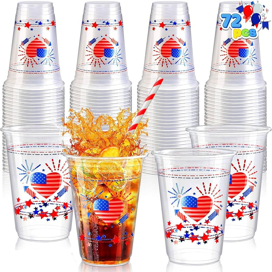 JOYIN 72 Pcs Patriotic Plastic Cups, 16 OZ 4th of July Clear Disposable Cups with Red & Blue Star... | Amazon (US)