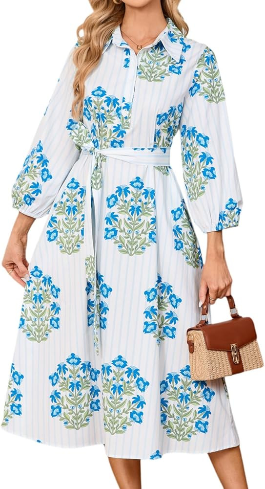 Womens Spring 2026 Casual Floral 3/4 Puff Sleeve Midi Shirt Dresses Button Down Belted Dress with... | Amazon (US)
