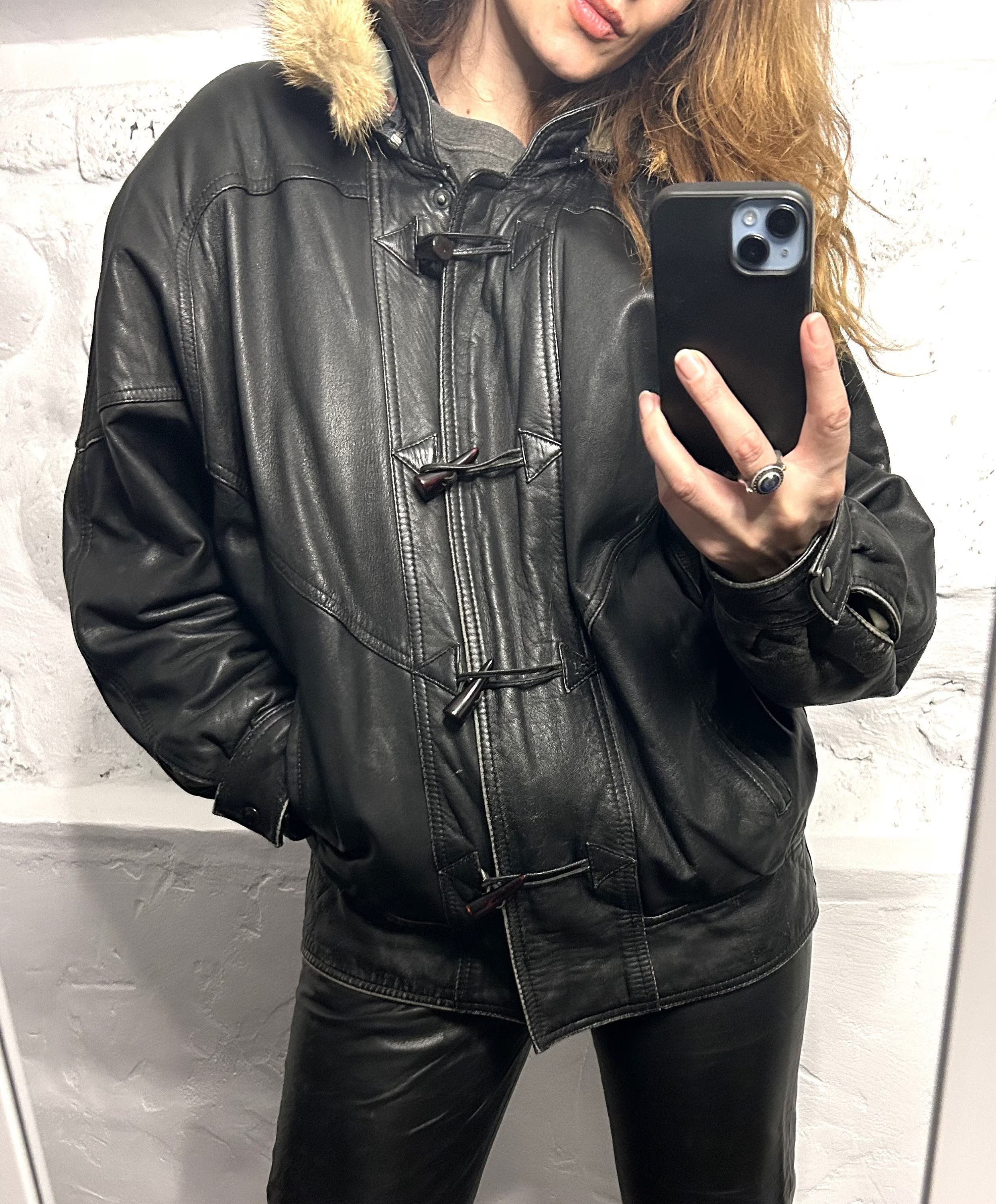 Fur Hood Leather Jacket / 80s Toggle Coat / Hood Bomber / Street Wear / Real Leather Jacket Large... | Etsy (US)