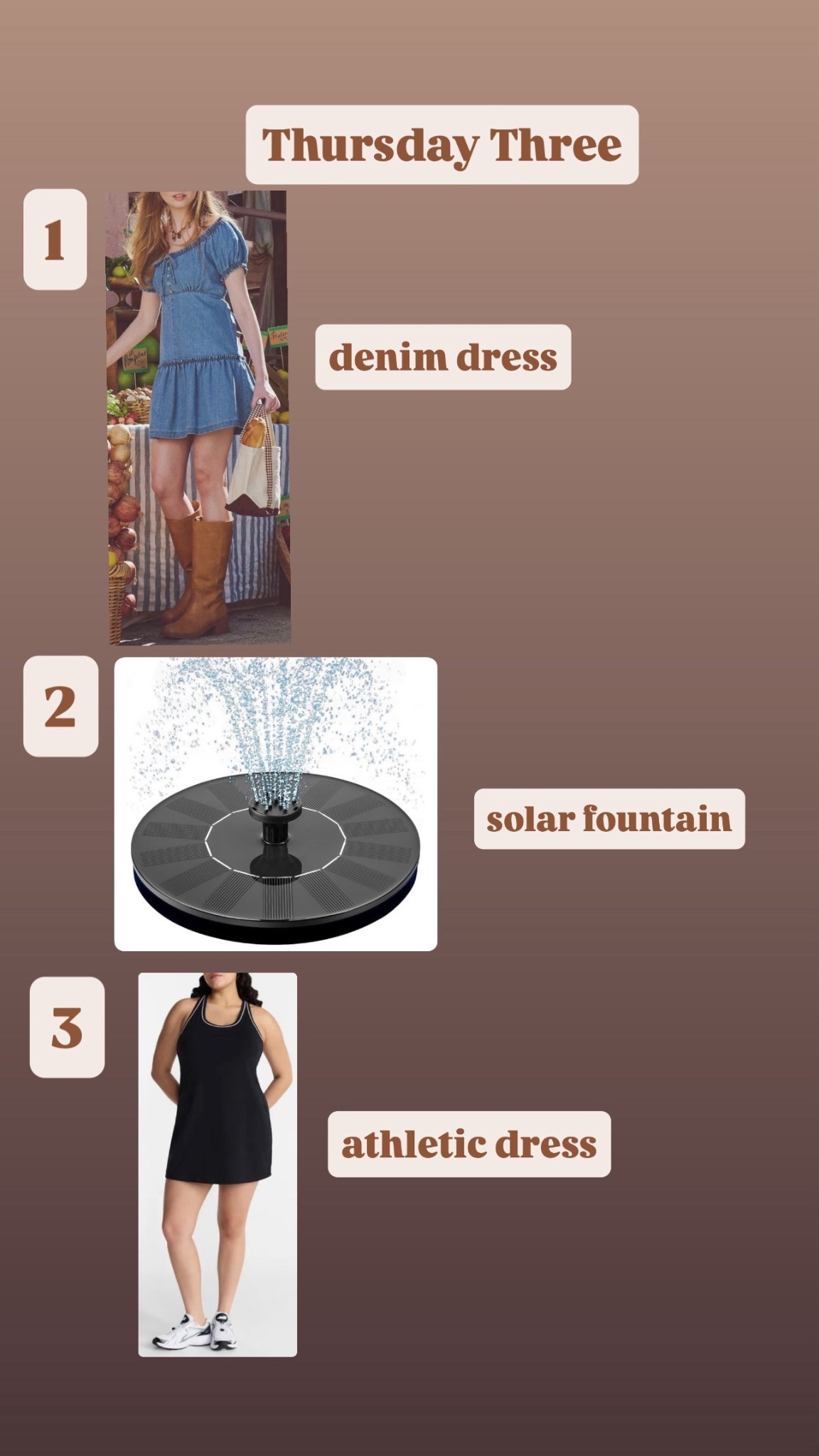 Thursday Three bestsellers-#athleticdress #solarfountain #denimdress #fashionover50

#LTKOver40 #LTKHome #LTKSaleAlert