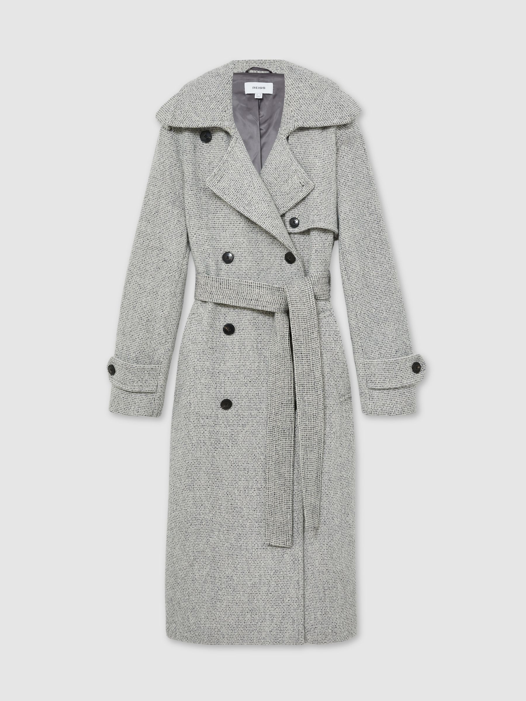 Reiss Wool-Blend Double-Breasted Check Trench Coat in Black/White - REISS | Reiss UK