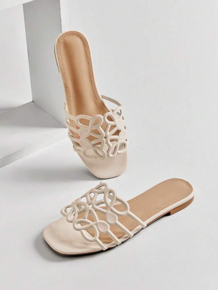 SHUZIA Women's Elegant Floral Cut-Out Slip-On Flat Sandals Summer Shoes | SHEIN