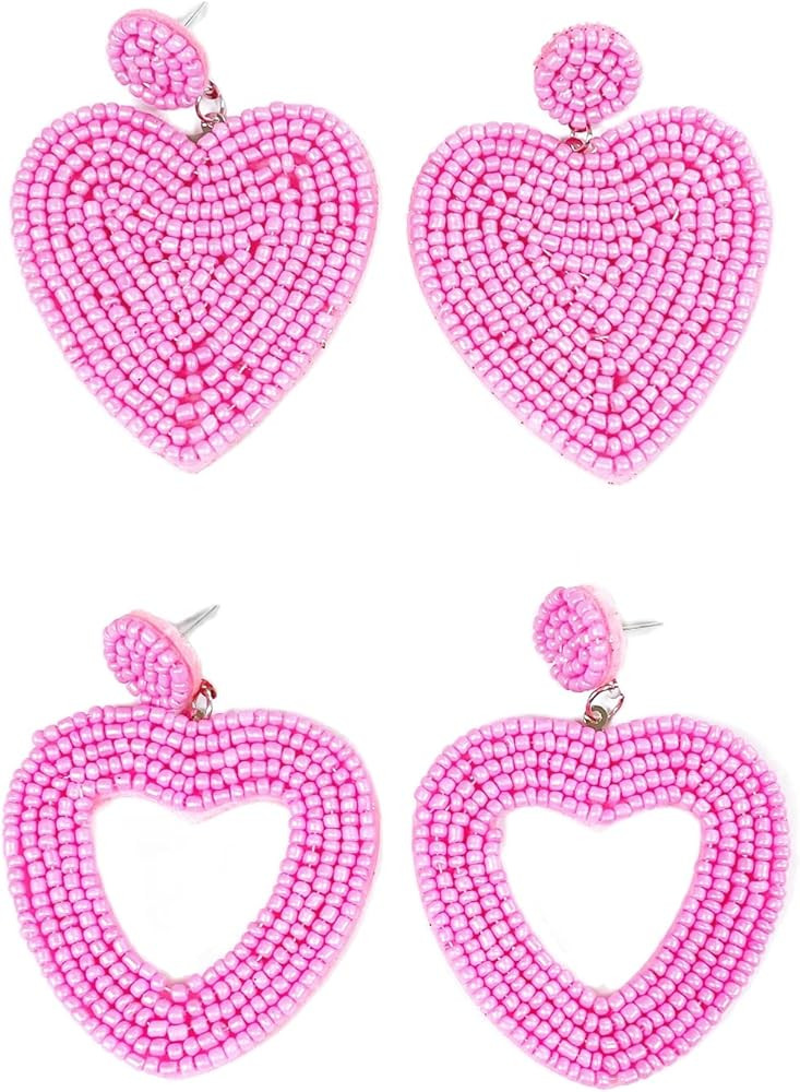2 Pairs Beaded Heart Earrings Set Handmade Seed Bead Bohemian Statement Heart Hoop Dangle Earrings f | Amazon (US)