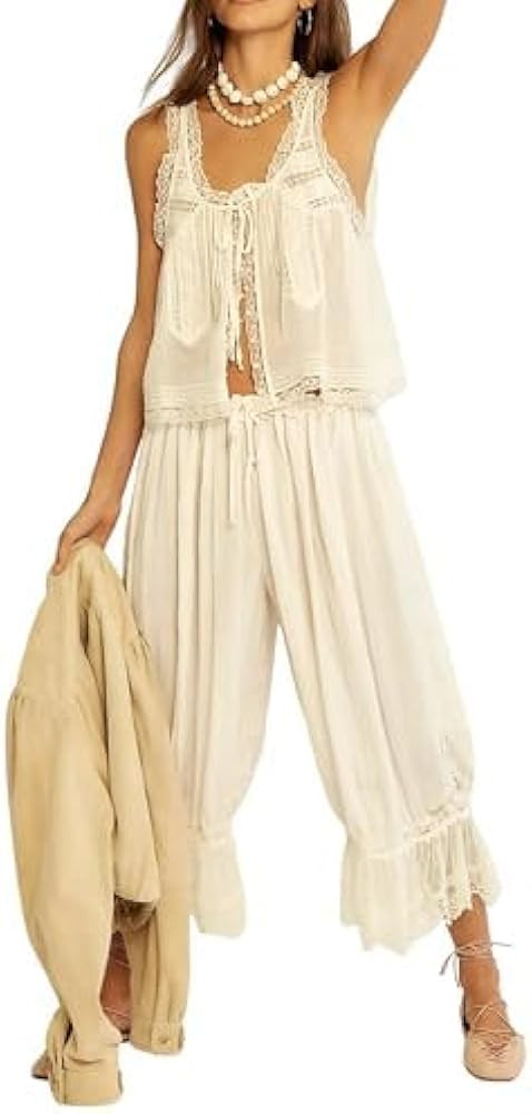 Aonoapll Women Y2k Lace Trim 2 Piece Pajama Set Tie Front Button Tank Top and Long Bloomer Pants ... | Amazon (US)