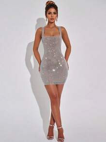 Fashion Sparkling Rhinestone Solid Color Halter Women's Sensual Backless Sleeveless Dress Birthda... | SHEIN