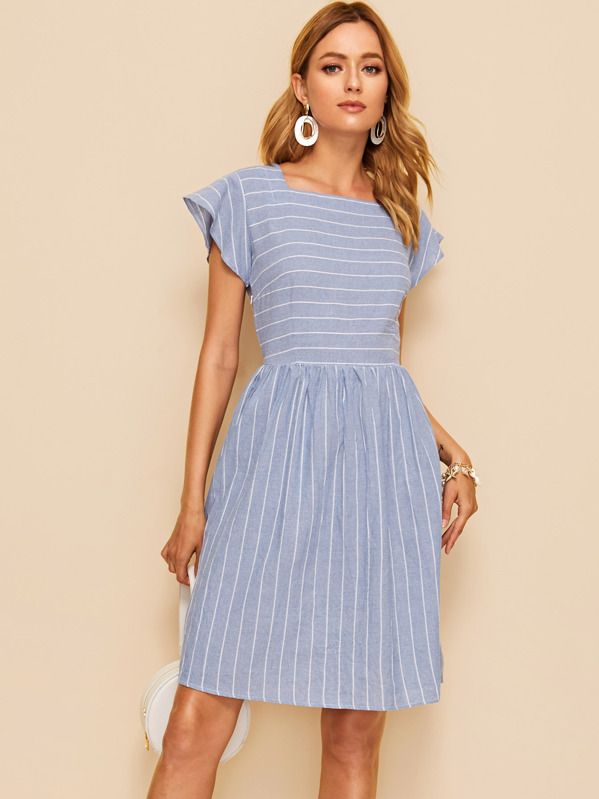 SHEIN Striped Square Neck Fit & Flare Dress | SHEIN
