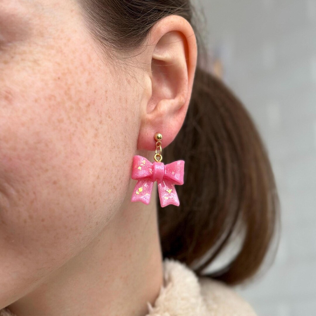 Pink Bow Earrings, Pink Coquette Earrings, Small Pink Dangle Earrings, Pink Bow Dangle Earrings, ... | Etsy (US)